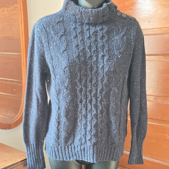 Nubby Speckled Navy Cotton Cableknit HighNeck Sweater Medium - Picture 1 of 5